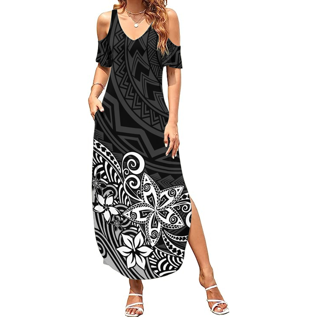 Polynesia Summer Maxi Dress Plumeria Black Curves - Wonder Print Shop