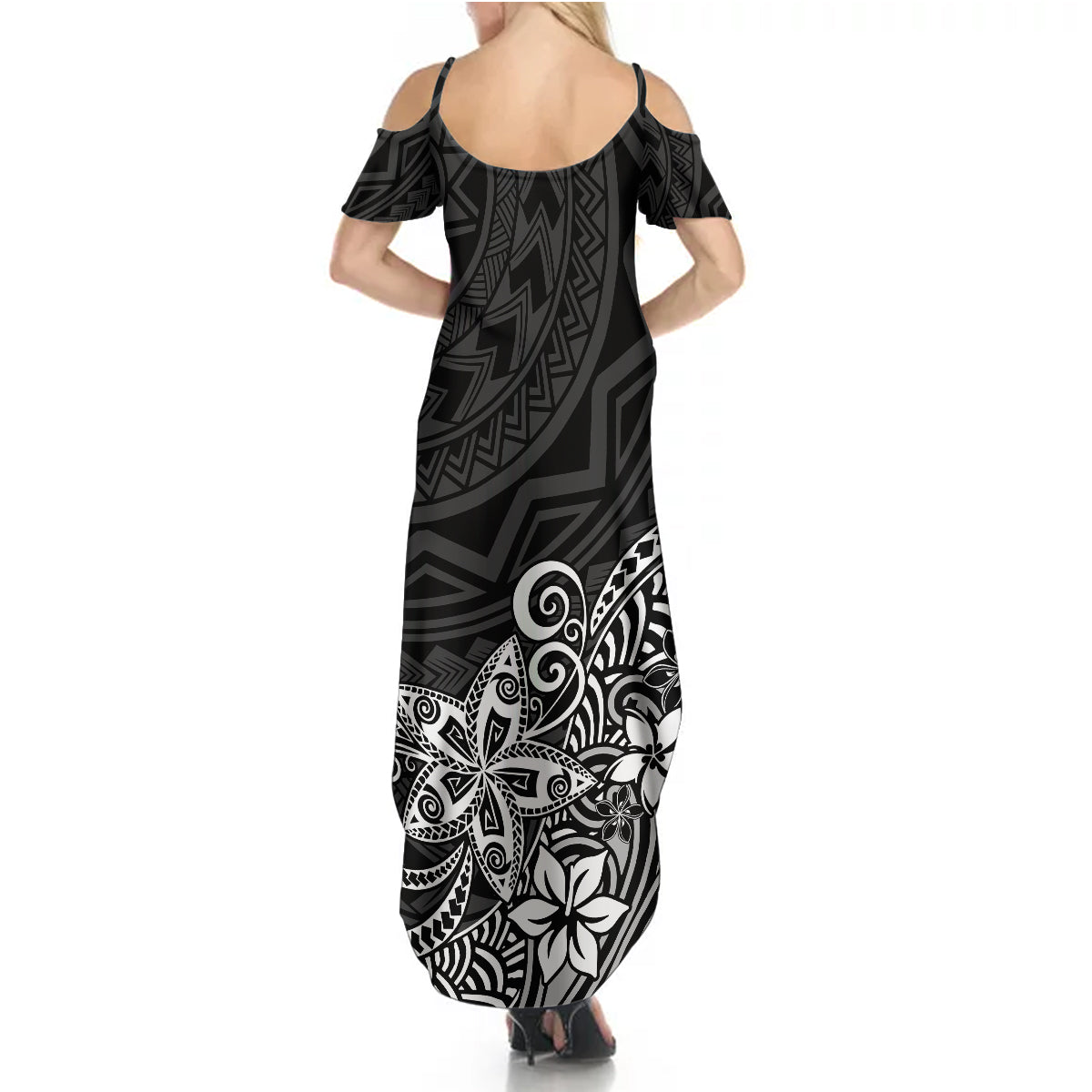 Polynesia Summer Maxi Dress Plumeria Black Curves - Wonder Print Shop