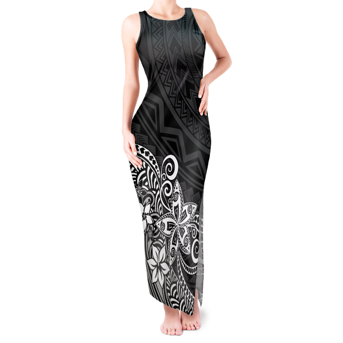 Polynesia Tank Maxi Dress Plumeria Black Curves - Wonder Print Shop