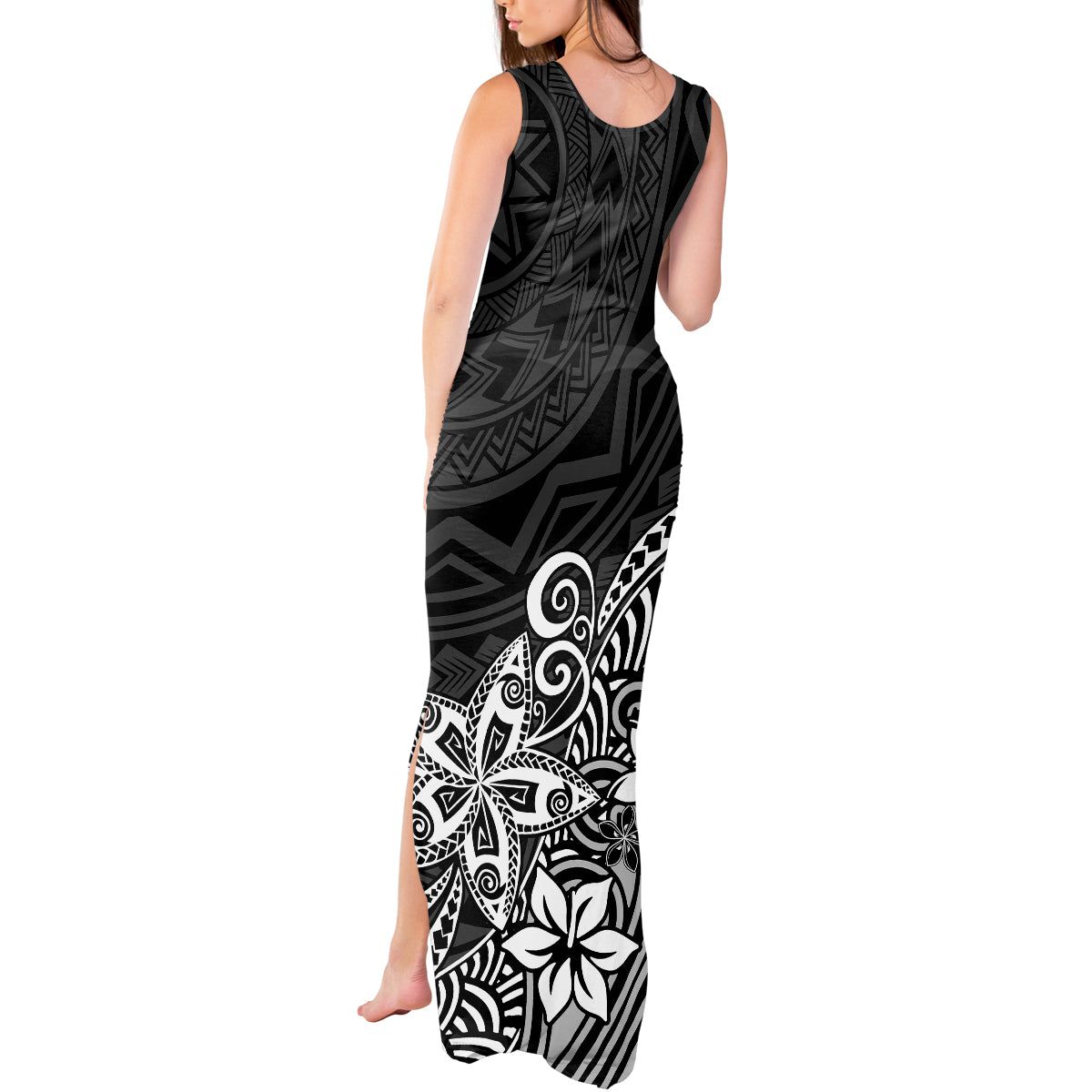 Polynesia Tank Maxi Dress Plumeria Black Curves - Wonder Print Shop