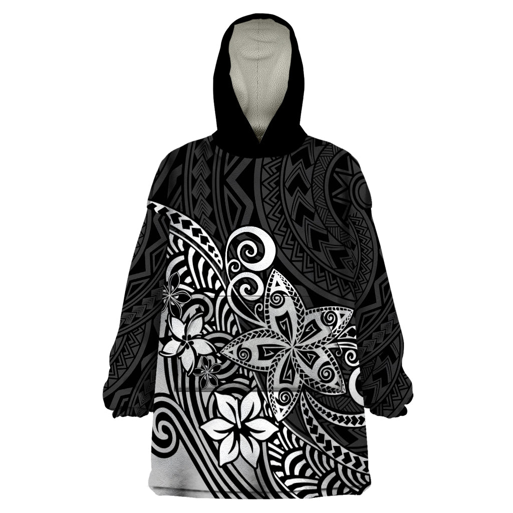 Polynesia Wearable Blanket Hoodie Plumeria Black Curves - Wonder Print Shop