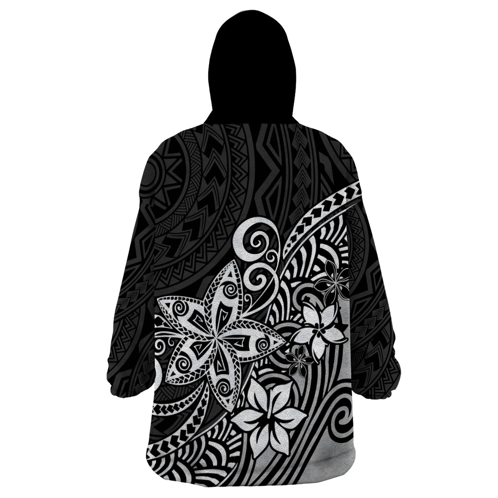 Polynesia Wearable Blanket Hoodie Plumeria Black Curves - Wonder Print Shop