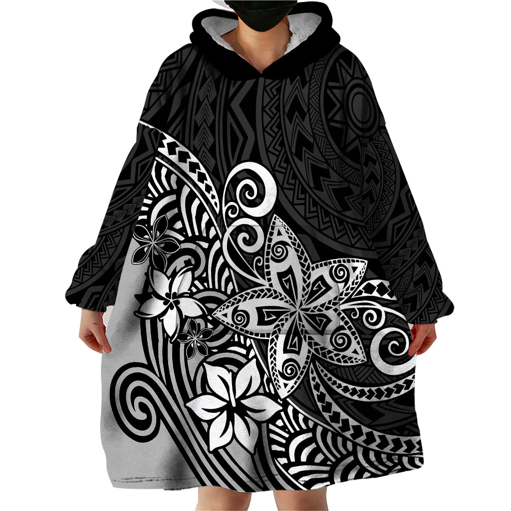 Polynesia Wearable Blanket Hoodie Plumeria Black Curves - Wonder Print Shop