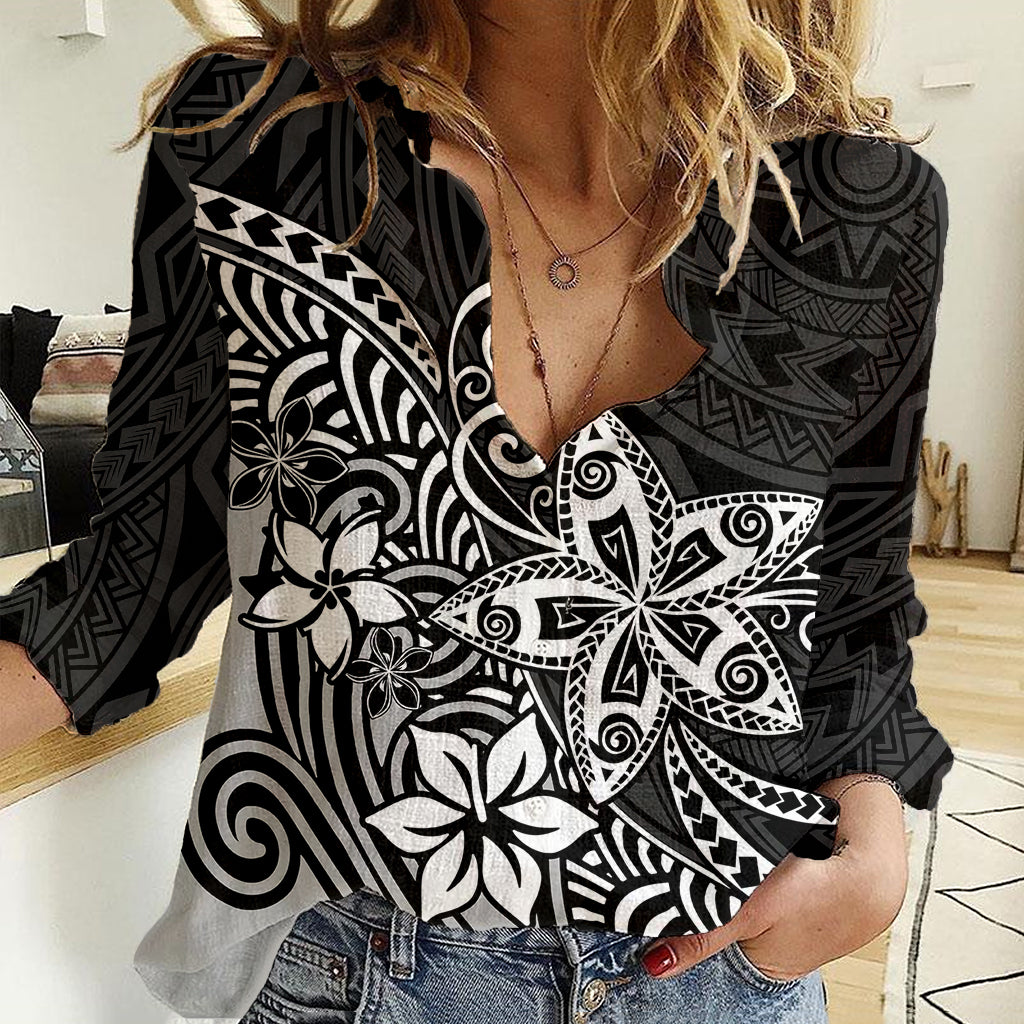Polynesia Women Casual Shirt Plumeria Black Curves - Wonder Print Shop