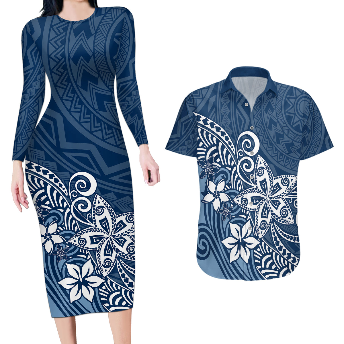 Polynesia Couples Matching Long Sleeve Bodycon Dress and Hawaiian Shirt Plumeria Blue Curves LT7 - Wonder Print Shop