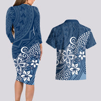 Polynesia Couples Matching Long Sleeve Bodycon Dress and Hawaiian Shirt Plumeria Blue Curves LT7 - Wonder Print Shop