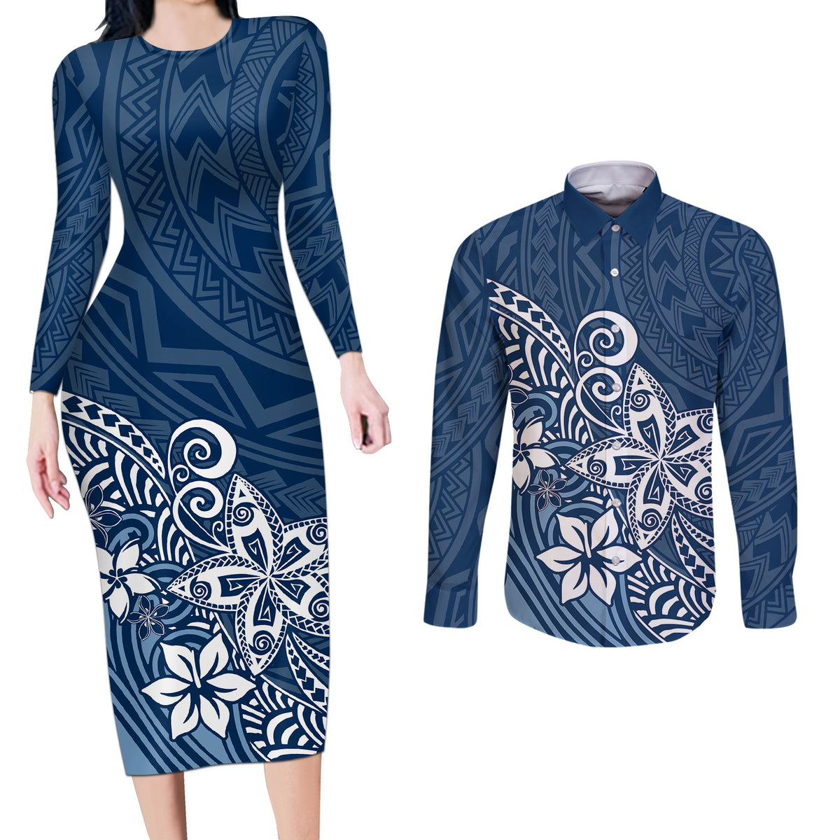 Polynesia Couples Matching Long Sleeve Bodycon Dress and Long Sleeve Button Shirts Plumeria Blue Curves LT7 - Wonder Print Shop