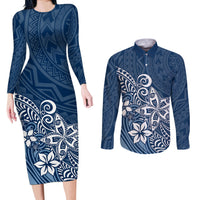 Polynesia Couples Matching Long Sleeve Bodycon Dress and Long Sleeve Button Shirts Plumeria Blue Curves LT7 - Wonder Print Shop