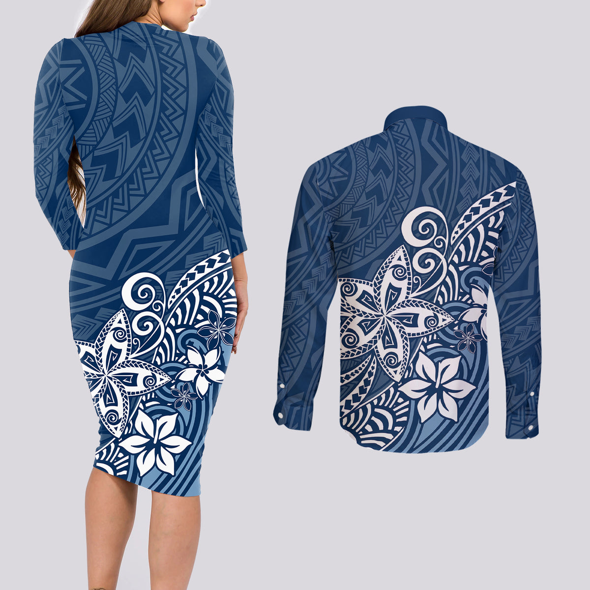Polynesia Couples Matching Long Sleeve Bodycon Dress and Long Sleeve Button Shirts Plumeria Blue Curves LT7 - Wonder Print Shop