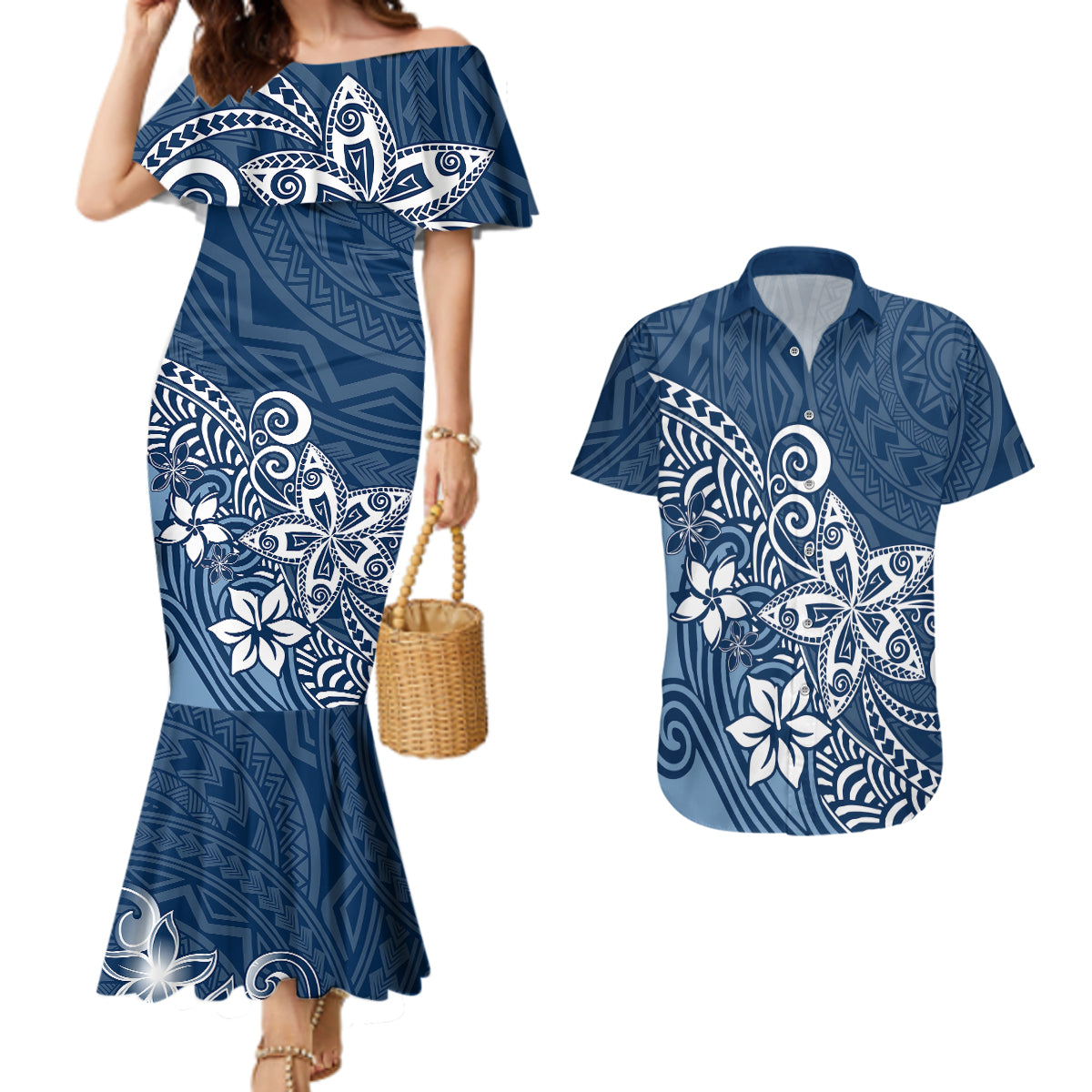 Polynesia Couples Matching Mermaid Dress And Hawaiian Shirt Plumeria Blue Curves LT7 - Wonder Print Shop