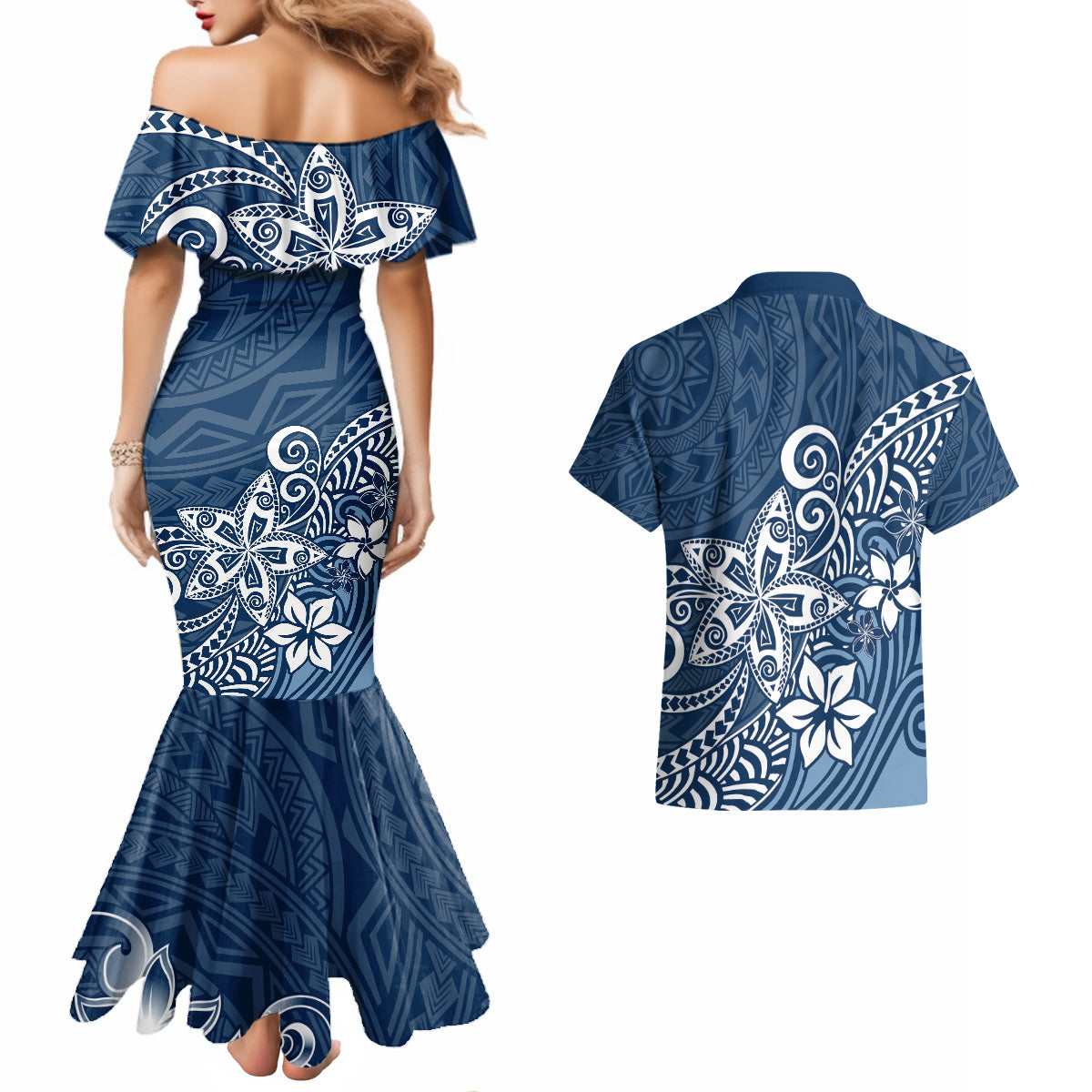 Polynesia Couples Matching Mermaid Dress And Hawaiian Shirt Plumeria Blue Curves LT7 - Wonder Print Shop