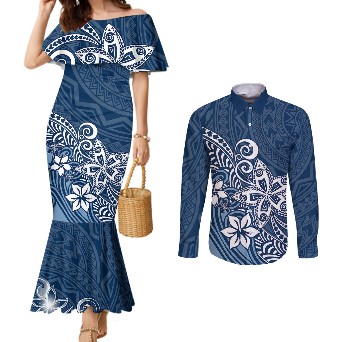 polynesia-couples-matching-mermaid-dress-and-long-sleeve-button-shirts-plumeria-blue-curves