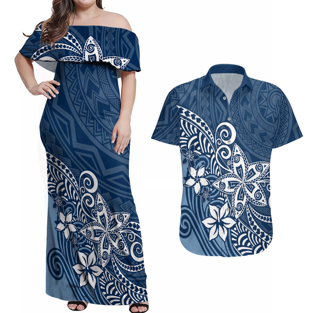 Polynesia Couples Matching Off Shoulder Maxi Dress and Hawaiian Shirt Plumeria Blue Curves LT7 - Wonder Print Shop