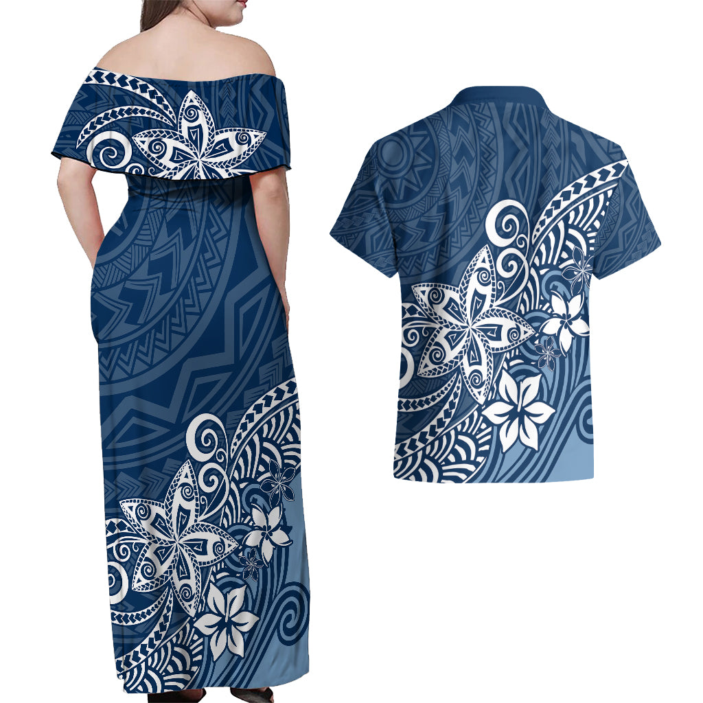 Polynesia Couples Matching Off Shoulder Maxi Dress and Hawaiian Shirt Plumeria Blue Curves LT7 - Wonder Print Shop
