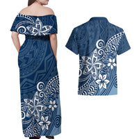 Polynesia Couples Matching Off Shoulder Maxi Dress and Hawaiian Shirt Plumeria Blue Curves LT7 - Wonder Print Shop