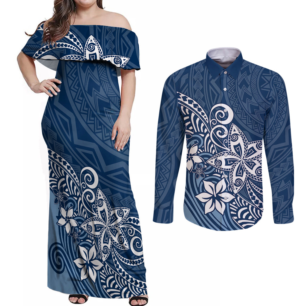 Polynesia Couples Matching Off Shoulder Maxi Dress and Long Sleeve Button Shirts Plumeria Blue Curves LT7 - Wonder Print Shop