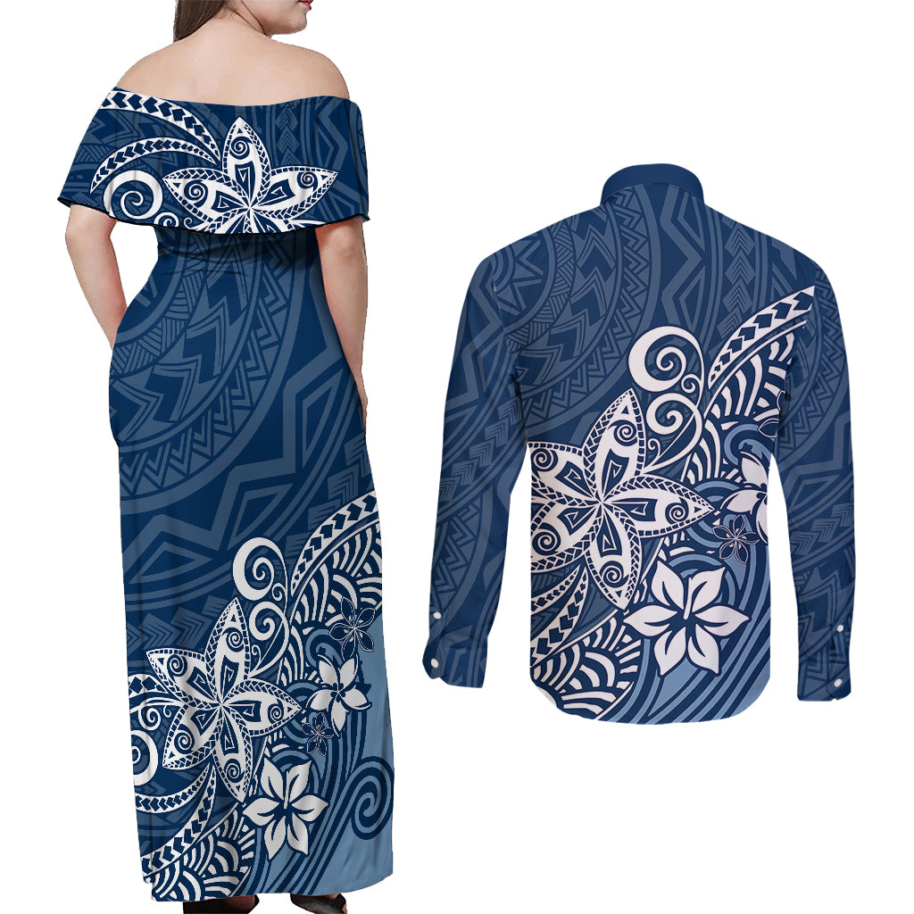 Polynesia Couples Matching Off Shoulder Maxi Dress and Long Sleeve Button Shirts Plumeria Blue Curves LT7 - Wonder Print Shop