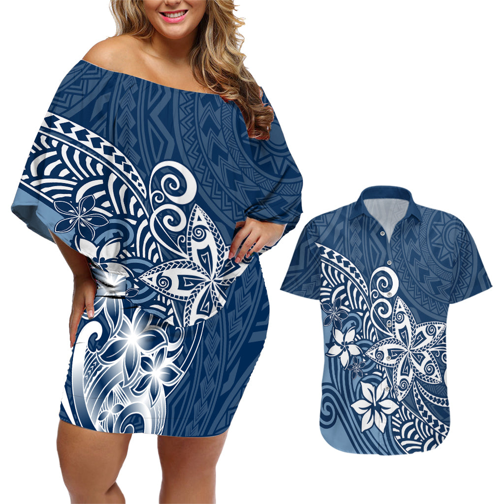 Polynesia Couples Matching Off Shoulder Short Dress and Hawaiian Shirt Plumeria Blue Curves LT7 - Wonder Print Shop