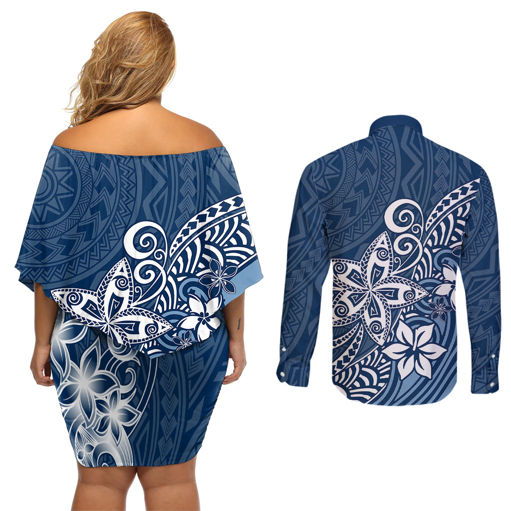 Polynesia Couples Matching Off Shoulder Short Dress and Long Sleeve Button Shirts Plumeria Blue Curves LT7 - Wonder Print Shop