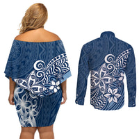 Polynesia Couples Matching Off Shoulder Short Dress and Long Sleeve Button Shirts Plumeria Blue Curves LT7 - Wonder Print Shop