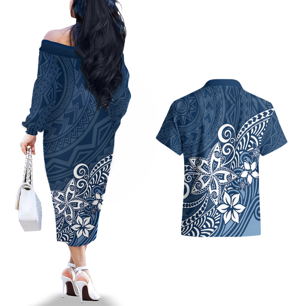 Polynesia Couples Matching Off The Shoulder Long Sleeve Dress and Hawaiian Shirt Plumeria Blue Curves LT7 - Wonder Print Shop
