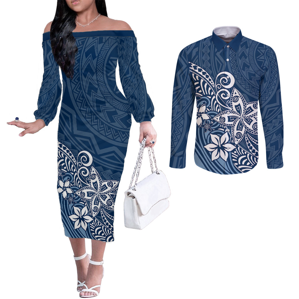 polynesia-couples-matching-off-the-shoulder-long-sleeve-dress-and-long-sleeve-button-shirts-plumeria-blue-curves