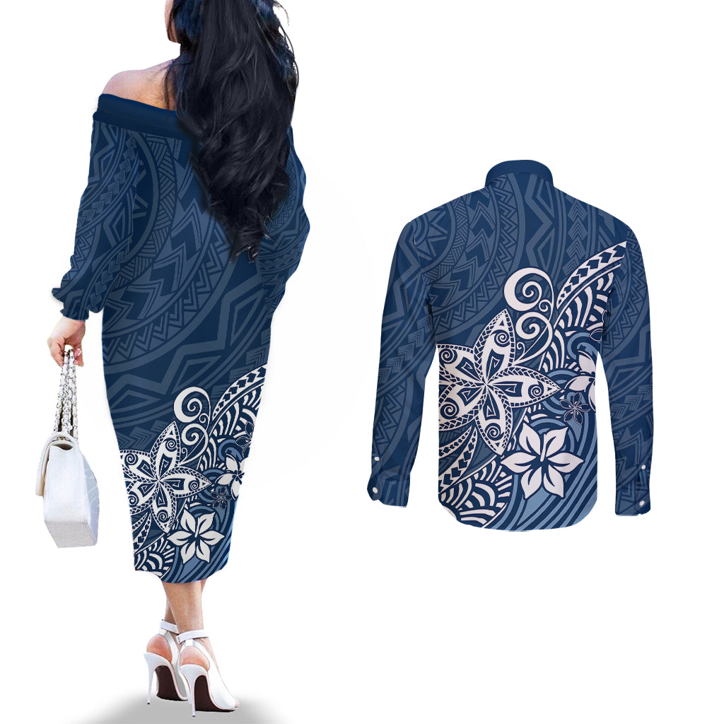 polynesia-couples-matching-off-the-shoulder-long-sleeve-dress-and-long-sleeve-button-shirts-plumeria-blue-curves