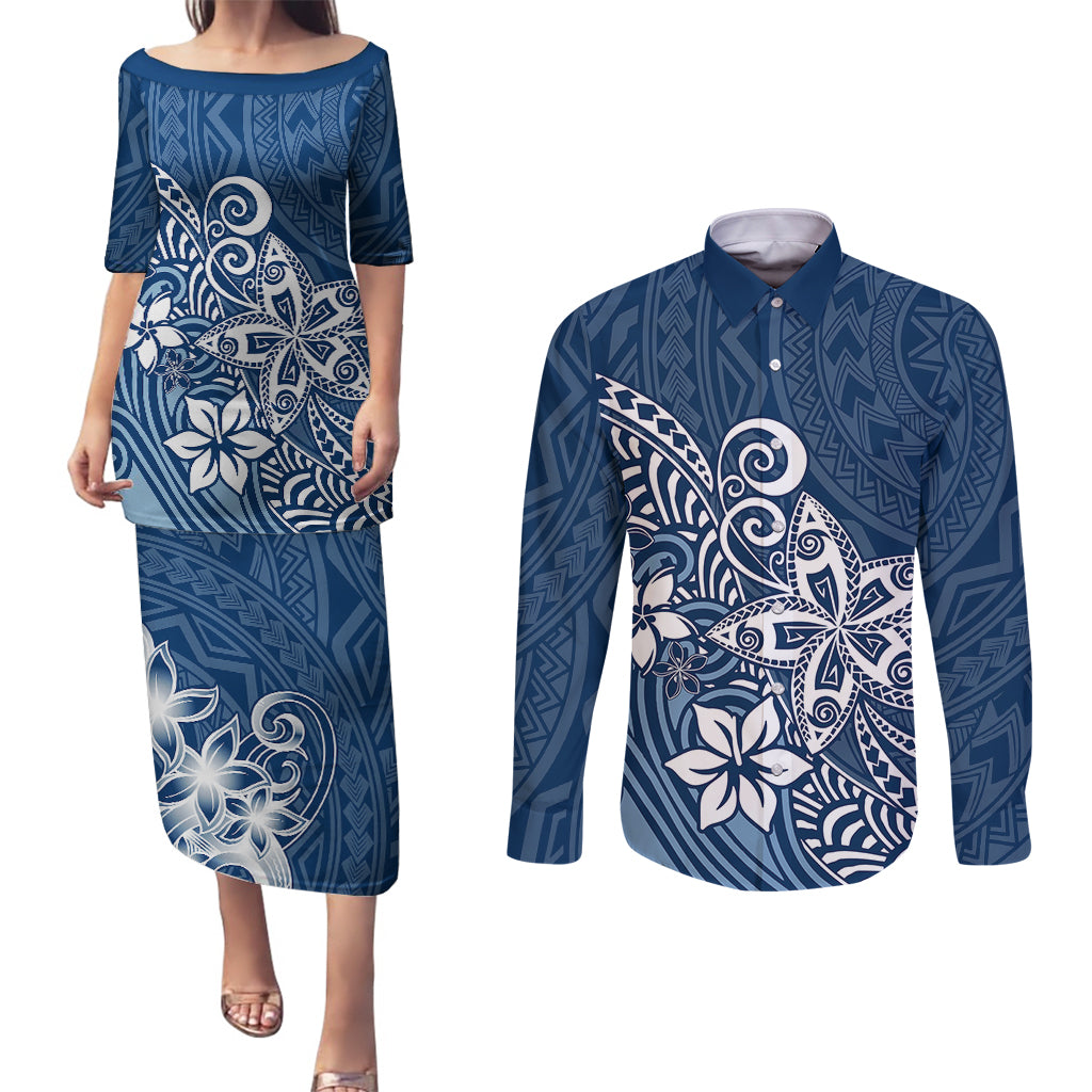 Polynesia Couples Matching Puletasi Dress and Long Sleeve Button Shirts Plumeria Blue Curves LT7 - Wonder Print Shop