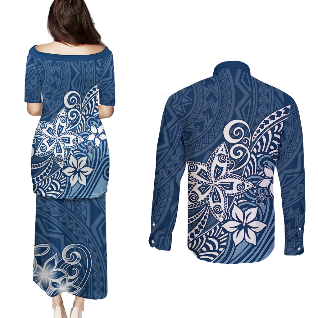 Polynesia Couples Matching Puletasi Dress and Long Sleeve Button Shirts Plumeria Blue Curves LT7 - Wonder Print Shop