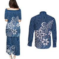 Polynesia Couples Matching Puletasi Dress and Long Sleeve Button Shirts Plumeria Blue Curves LT7 - Wonder Print Shop