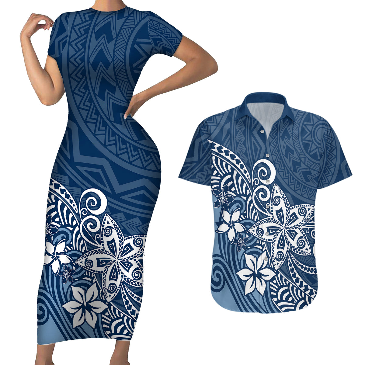 Polynesia Couples Matching Short Sleeve Bodycon Dress and Hawaiian Shirt Plumeria Blue Curves LT7 - Wonder Print Shop