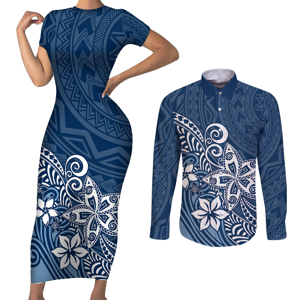 Polynesia Couples Matching Short Sleeve Bodycon Dress and Long Sleeve Button Shirts Plumeria Blue Curves LT7 - Wonder Print Shop
