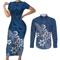 Polynesia Couples Matching Short Sleeve Bodycon Dress and Long Sleeve Button Shirts Plumeria Blue Curves LT7 - Wonder Print Shop
