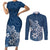 Polynesia Couples Matching Short Sleeve Bodycon Dress and Long Sleeve Button Shirts Plumeria Blue Curves LT7 - Wonder Print Shop