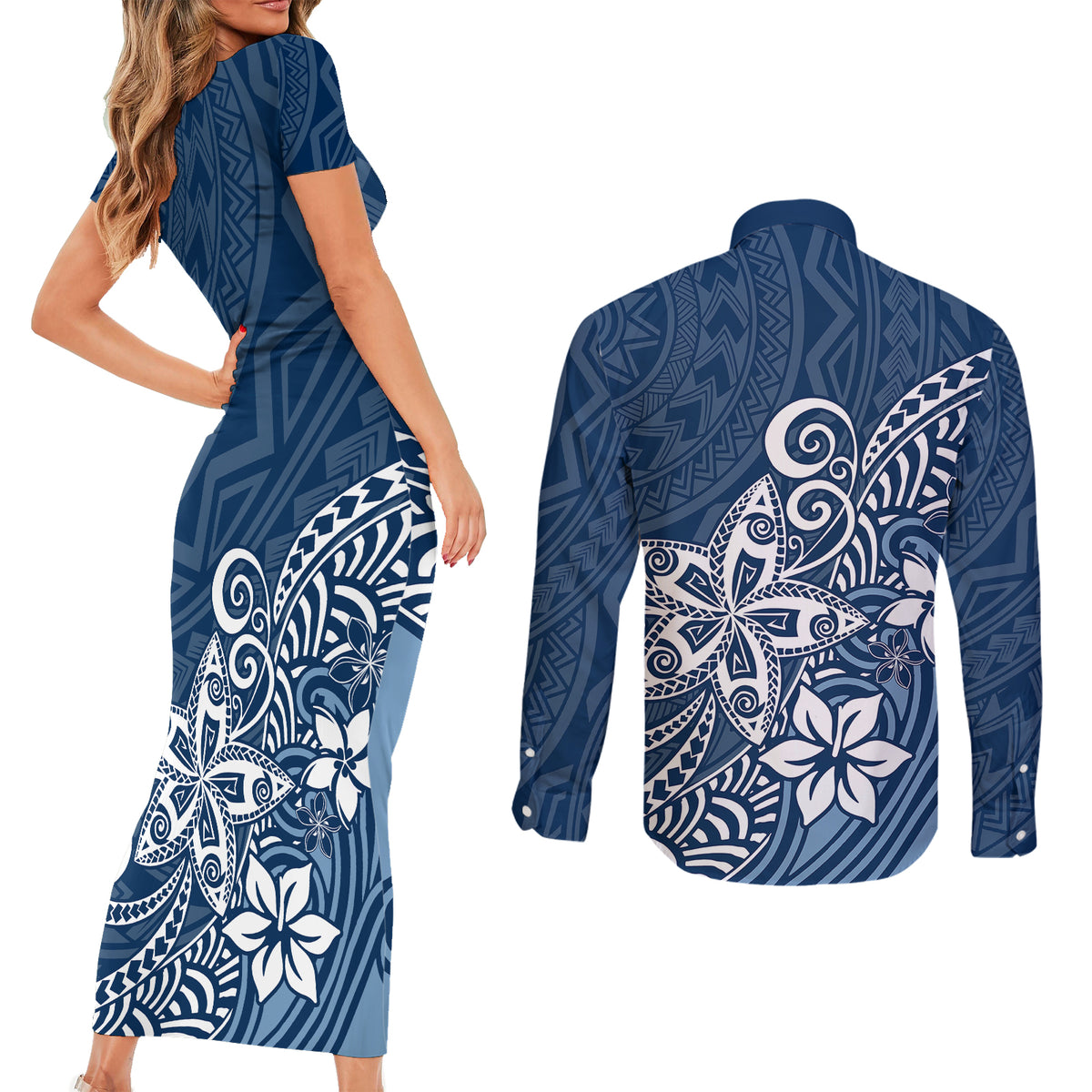Polynesia Couples Matching Short Sleeve Bodycon Dress and Long Sleeve Button Shirts Plumeria Blue Curves LT7 - Wonder Print Shop