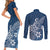 Polynesia Couples Matching Short Sleeve Bodycon Dress and Long Sleeve Button Shirts Plumeria Blue Curves LT7 - Wonder Print Shop