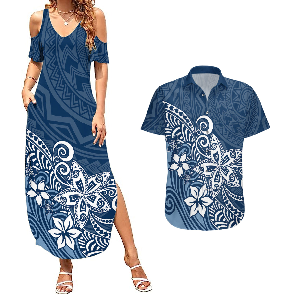 Polynesia Couples Matching Summer Maxi Dress and Hawaiian Shirt Plumeria Blue Curves LT7 - Wonder Print Shop