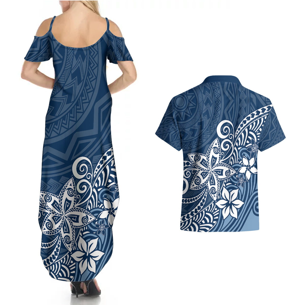 Polynesia Couples Matching Summer Maxi Dress and Hawaiian Shirt Plumeria Blue Curves LT7 - Wonder Print Shop