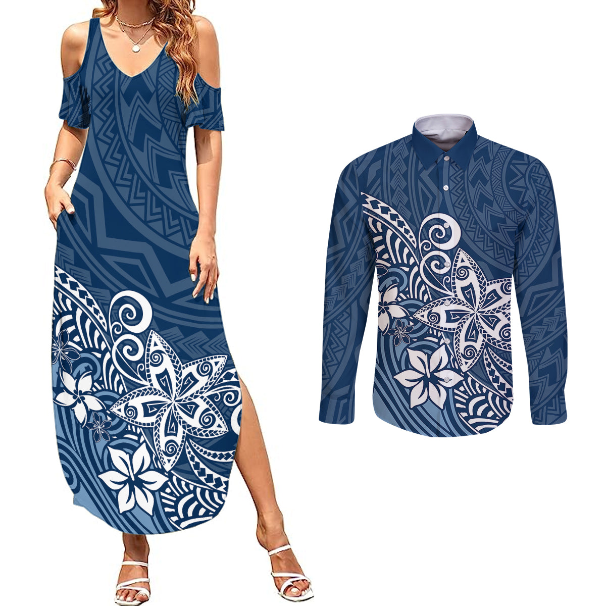Polynesia Couples Matching Summer Maxi Dress and Long Sleeve Button Shirts Plumeria Blue Curves LT7 - Wonder Print Shop