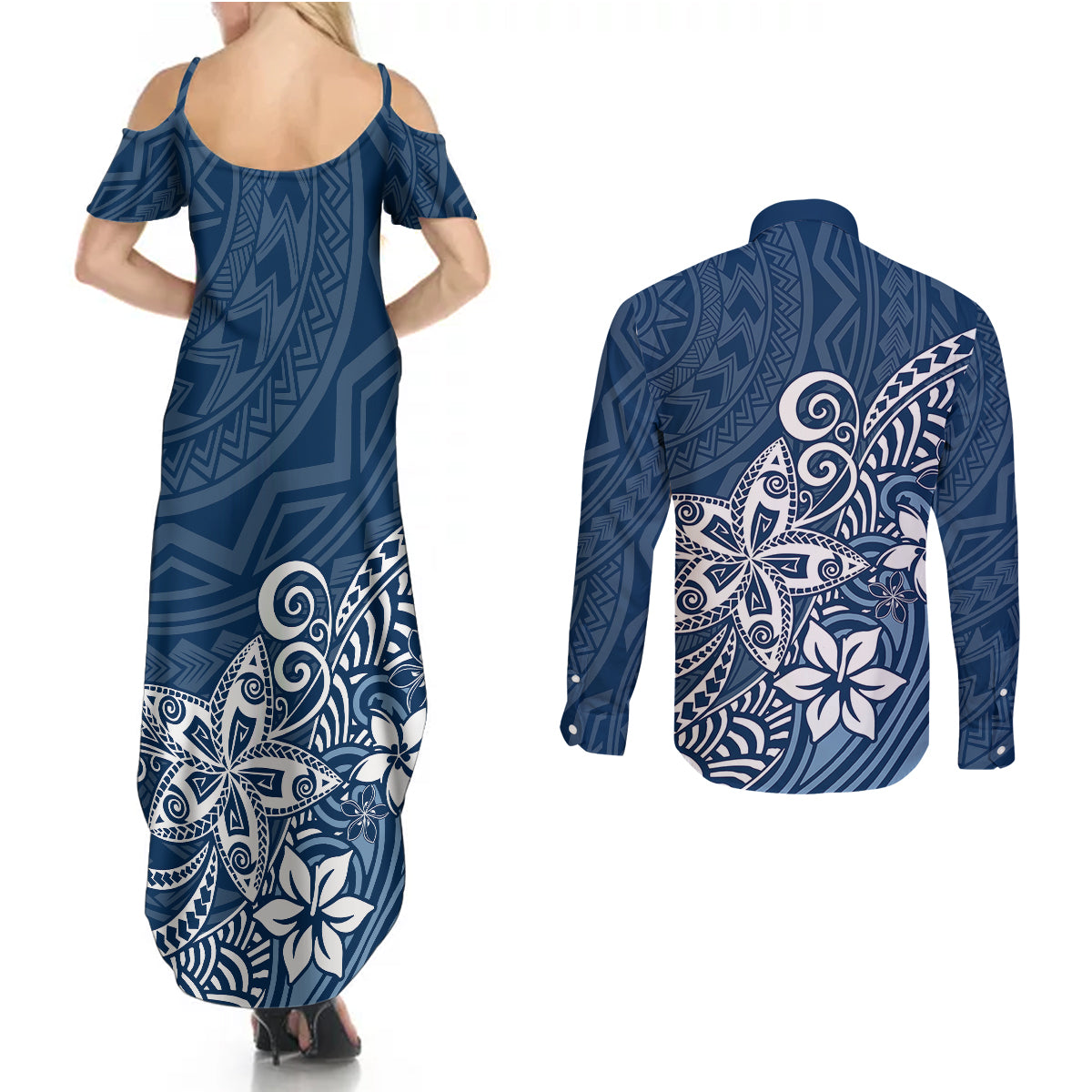 Polynesia Couples Matching Summer Maxi Dress and Long Sleeve Button Shirts Plumeria Blue Curves LT7 - Wonder Print Shop
