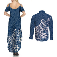 Polynesia Couples Matching Summer Maxi Dress and Long Sleeve Button Shirts Plumeria Blue Curves LT7 - Wonder Print Shop