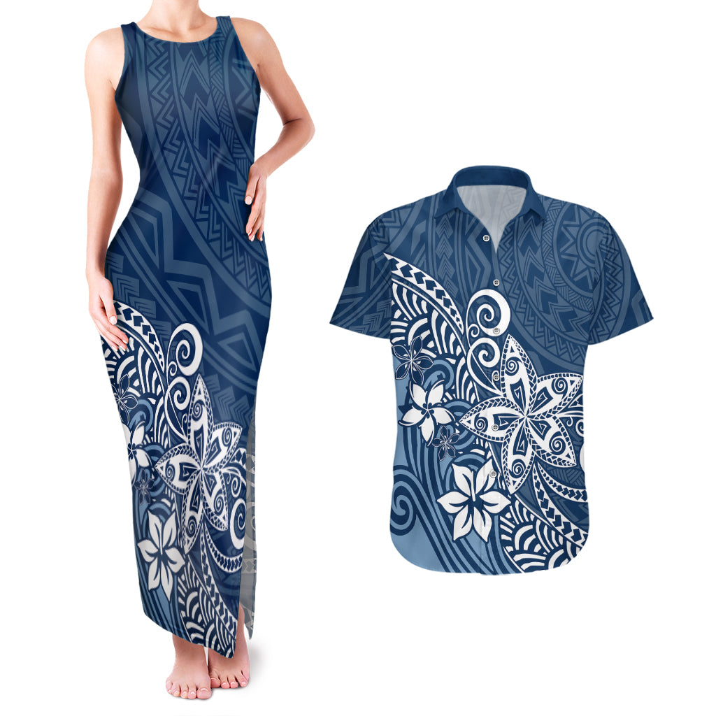 Polynesia Couples Matching Tank Maxi Dress And Hawaiian Shirt Plumeria Blue Curves LT7 - Wonder Print Shop