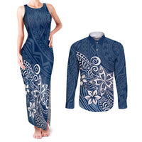 Polynesia Couples Matching Tank Maxi Dress and Long Sleeve Button Shirts Plumeria Blue Curves LT7 - Wonder Print Shop