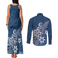 Polynesia Couples Matching Tank Maxi Dress and Long Sleeve Button Shirts Plumeria Blue Curves LT7 - Wonder Print Shop