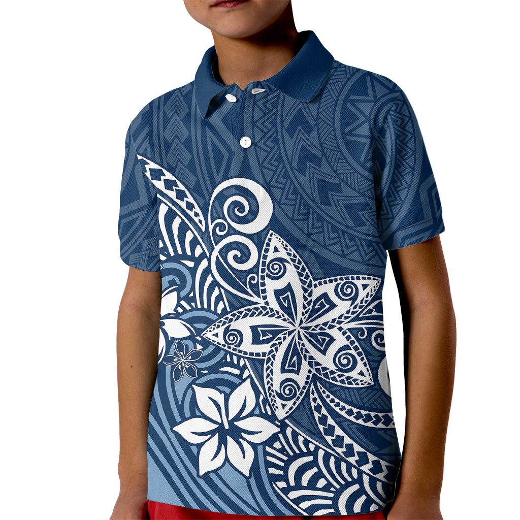 Polynesia Kid Polo Shirt Plumeria Blue Curves - Wonder Print Shop