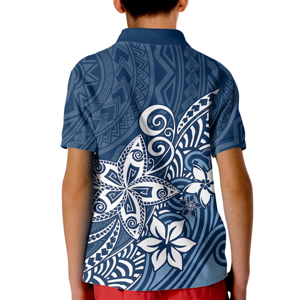 Polynesia Kid Polo Shirt Plumeria Blue Curves - Wonder Print Shop