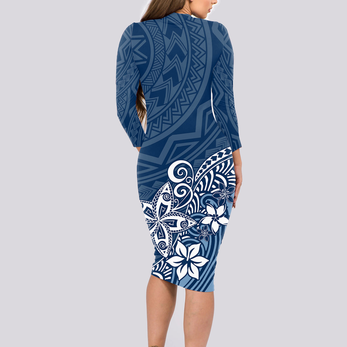 Polynesia Long Sleeve Bodycon Dress Plumeria Blue Curves - Wonder Print Shop