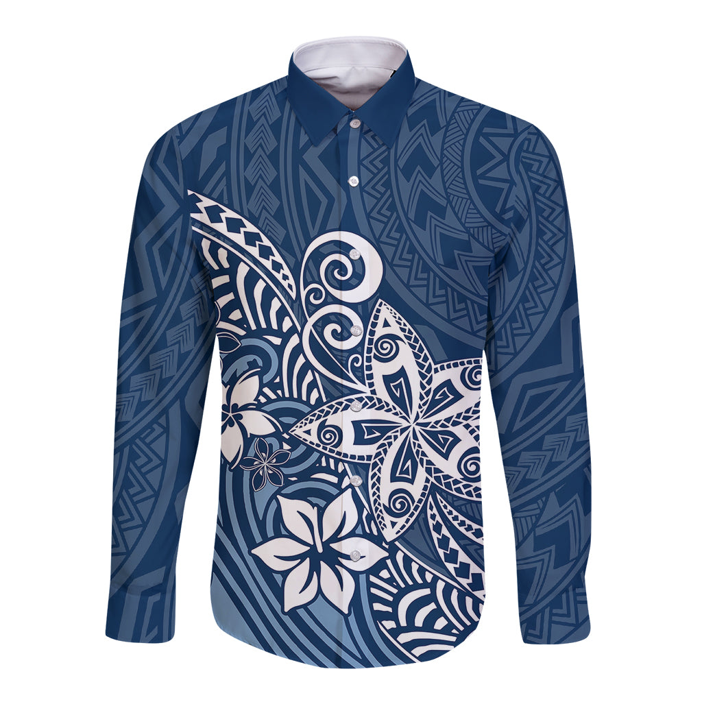 Polynesia Long Sleeve Button Shirt Plumeria Blue Curves - Wonder Print Shop