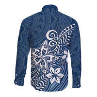 Polynesia Long Sleeve Button Shirt Plumeria Blue Curves - Wonder Print Shop