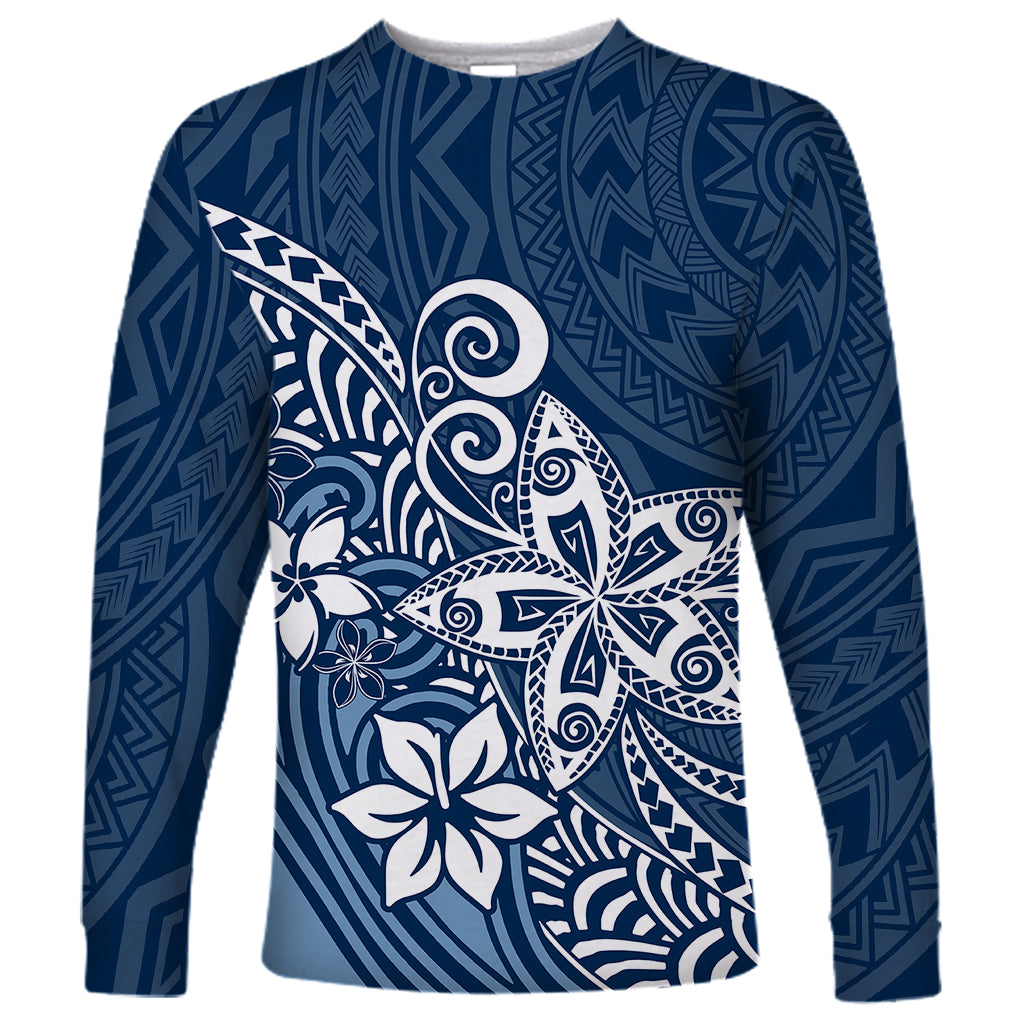 Polynesia Long Sleeve Shirt Plumeria Blue Curves - Wonder Print Shop